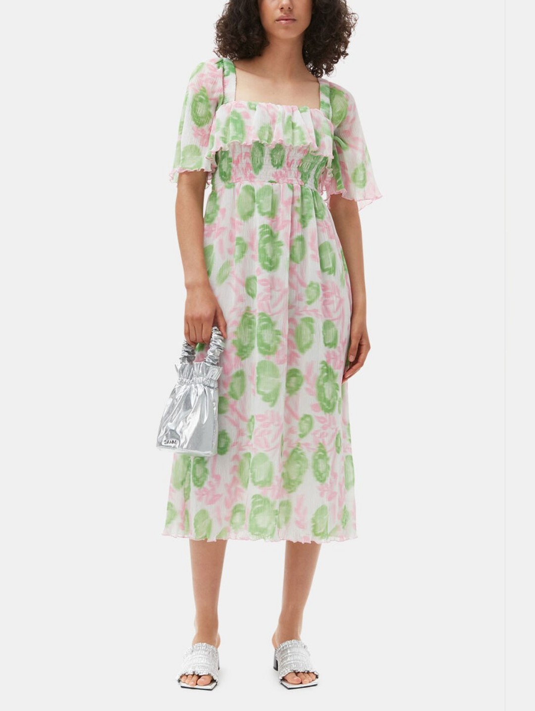 Floral Puff-Sleeve Midi Dress In Pink & Green